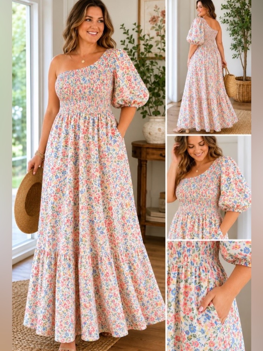 Arula Womens Maxi Dress Sz A (1X ) Pockets Pink Floral Smocked Puff Sleeves Boho